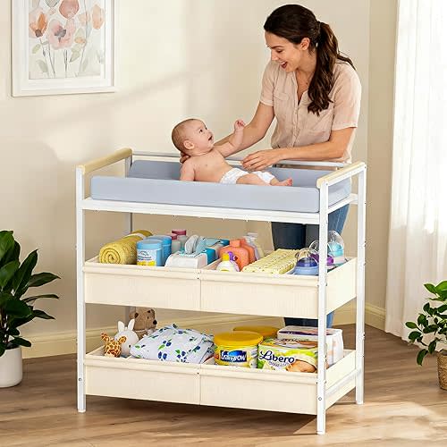 Baby Changing Table with Safety Bumper, Sturdy Diaper Change Station with Adjustable Devider in Large Storage Bin, Nursery Dresser for for Cloth Change, Baby Furniture Diaper Organizer,White