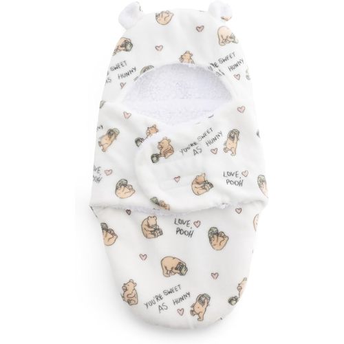 Berkshire Sherpa & Loftmink Baby Swaddle - Hooded Pooh Sleep Sack with Fuzzy Bear Ear Details - Classic Pooh Prints for Newborns Infants 0-3 Months(Sweet As Hunny No Stripes White, 13’’×23.5’’)