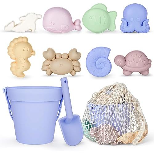 MarcZero 11Pcs Silicone Beach Toys,Modern Baby Beach Toys,Travel Friendly Beach Set,Silicone Bucket, Shovel, 8 Sand Molds, Beach Bag, Sand Toys for Toddlers, Kids (Blue Purple)