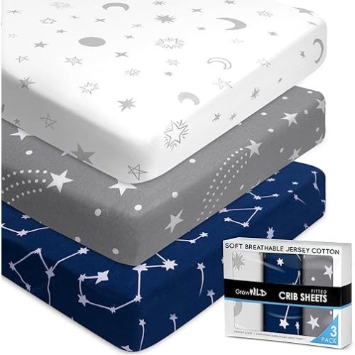 Fitted Unisex Crib Sheets (3 Pack) by GROW WILD - Jersey Knit Cotton Crib Sheets for Boys or Girls, 52” x 28” x 9” Crib Bedding Set (Moon, Stars and Constellation)