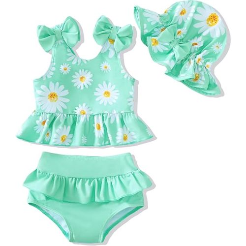 Mioglrie Baby Infant Swimsuit Girl Toddler Bathing Suit Girl Summer Beach Bikini Tankini Swimwear Hat 3-24 Months 2t-5t