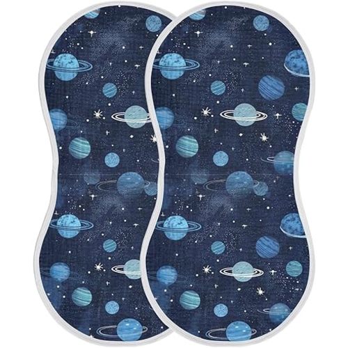 Kigai Blue Space Theme Muslin Baby Burp Cloths, Large Absorbent Cotton Muslin Burp Cloths Set of 2, Washcloths, Face Towel, Bibs for Newborn Boys Girls, 11 x22 Inch