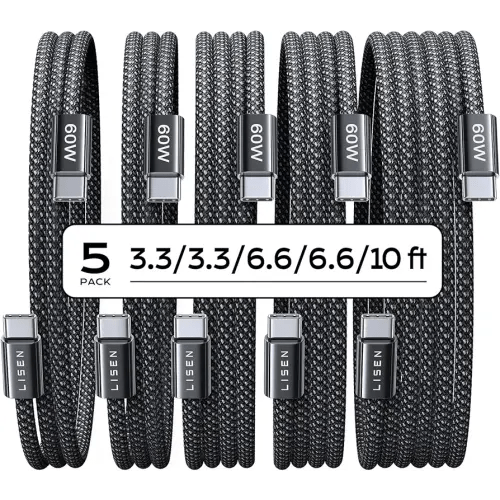LISEN USB C to USB C Cable, 5-Pack [3.3/3.3/6.6/6.6/10FT] for iPhone 17 Charger Cord, 60W C to C Cable Fast Charging for iPad, iPhone 16 15 Pro Max, Galaxy S25/S24 USBC to USBC Cable Gifts for Men