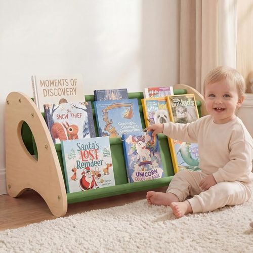 Kids Bookshelf - 4-Tier Montessori Book Shelf for Kids Rooms, Easy Installation, Eco-Friendly Wooden Storage Organizer 28.7” x 15.7” x 13.6”Natural/Green