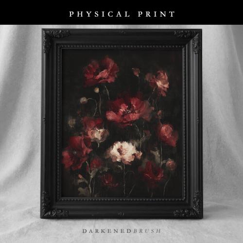 Red Floral Wall Art, Gothic Poppy Flower Dark Academia Decor, Physical Moody Botanical Print 884