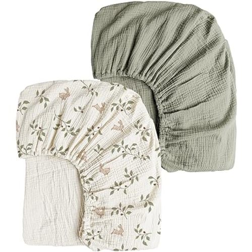 Konssy Muslin Crib Sheets 2 PCS, 100% Cotton Baby Crib Sheets for Standard Crib Mattress (28"x 52"), Soft and Breathable for Boys, Girls (Rabbit,Fog Green)