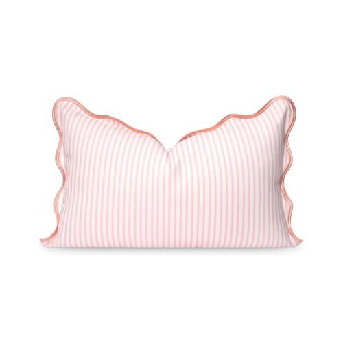 Hofdeco Premium Coastal Patio Indoor Outdoor Scalloped Lumbar Pillow Cover Only, 12"x20" Water Repellent for Backyard, Couch, Blush Pink Print Stripes