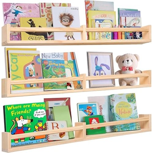 Nursry Shelves 32 inches Set of 3,Wood Floating Nursery Book Shelves for Wall,Wall Bookshelves for Kids,Transform Your Nursery into a Safe & Stylish Haven with Natural Wood Floating Shelves.