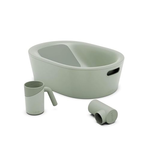 Lalo Bathtime Starter Kit - 3-Piece Set Includes Modern Baby Bathtub, Rinse Cup & Spout Cover - Safe, Easy to Clean Design for Newborns - 25.3 x 18 x 7.7 in, 10 lb - Sage