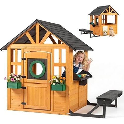 Ktaxon Kids Outdoor Playhouse with Dog Door, Wooden Toddler Outside Play Kitchen W/Picnic Bench, Flower Pot, Cookware & Windows for Garden, Backyard, Indoor Playroom, Ages 3-8 (Natural)