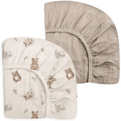 Mini Crib Sheets for Baby Boy Girl 2 Pack, Neutral Mini Crib Mattress Sheet 24" x 38", Muslin Nursery Bedding Soft and Breathable Comfort (Teddy & Friends)