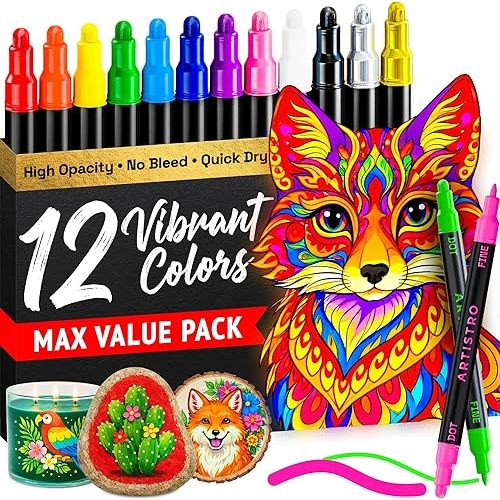 ARTISTRO 12 Precision Dual-Tip Acrylic Paint Markers – Paint Pens Set with Dot & Fine Tips for Fabric, Rock, Glass, Wood, Coloring Books – Classroom & Art Supplies Gift – Teacher Appreciation Gift