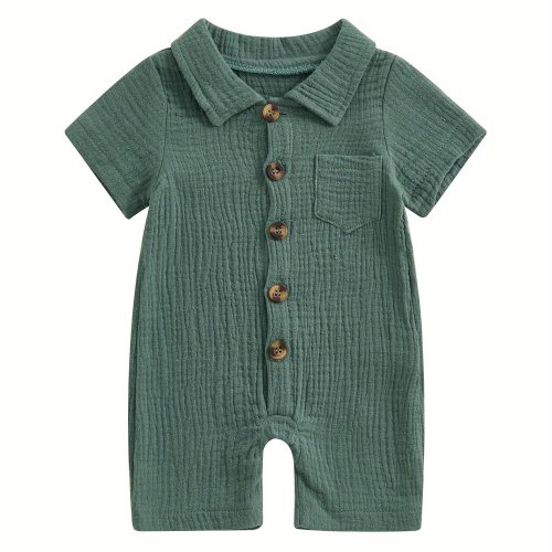 Infant Baby Boy Summer Jumpsuit - Solid Color, Short Sleeve, Lapel Button Romper, 100% Cotton, Baby Boy Clothes, Perfect for Outdoor