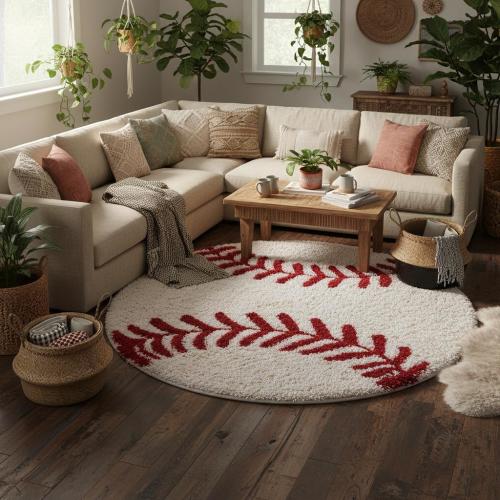 Handmade Baseball Rug Round | Tufted Sports Nursery Decor