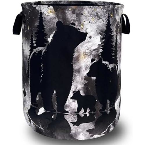 Bear Laundry Basket Foldable Grey Black Bears Forest Laundry Hamper With Handle Oxford Cloth Portable Clothes Storage Basket 18.9"x16.5" Laundry Bag For Laundry Room/Bedroom/Bathrooms