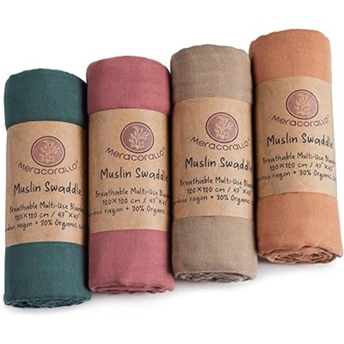 Meracorallo Muslin Swaddle Blanket, 4 Pack Neutral Swaddle Blankets, Silky Soft Receiving Blanket, Soild Color Swaddle Wrap for Baby Boys and Girls, 47 x 47 inches