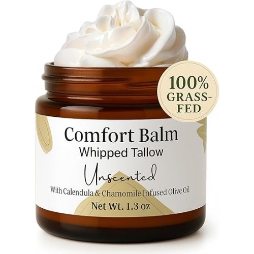 Whipped Tallow Balm – 100% Grass Fed Beef Tallow for Baby, Eczema & Sensitive Skin; Double-Infused with Calendula & Chamomile Herbs (Unscented Herb-Infused)