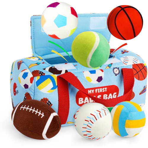 Vanmor Sensory Sports Balls for Toddlers 1-3, Baby Toys with Travel Bag, Early Learning Plush Sensory Toy for Infant 12M+, My First Balls Bag with Crinkle, Rattles, Baby Shower Newborn Toys