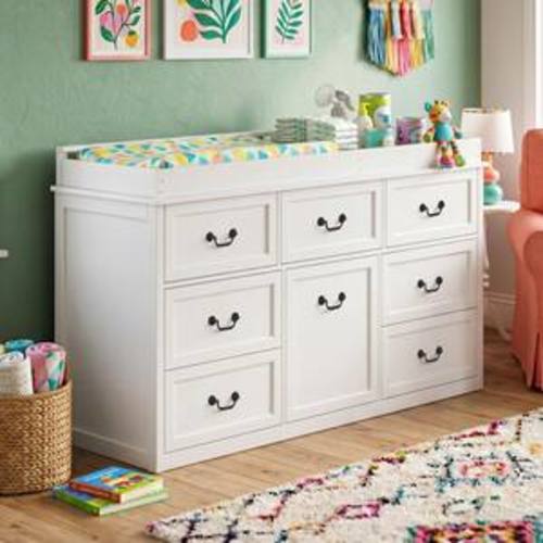 58.7 in. W White Pine Wood Changing Table, Dressers, Kids Dressers with 7 Drawers, Open Shelf and Cabinet Storage