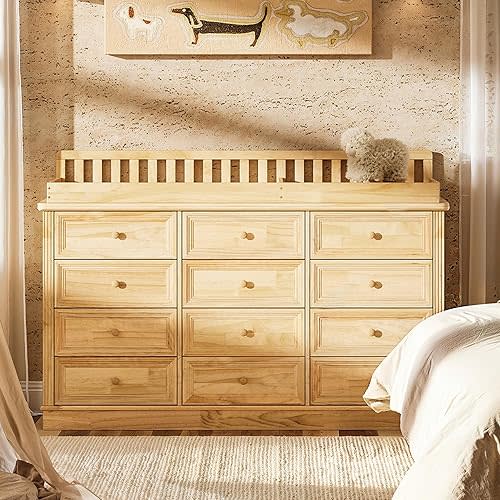 Homsee Baby Changing Table Dresser, 100% Solid Wood Infant Diaper Changing Station Combo, 12-Drawer Baby Nursery Dresser with Removable Tray for Children's Room Bedroom, Nature Color