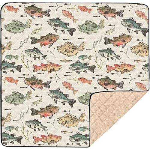 Baby Play Mat Vintage Bass Fishes 50 x 50 Playpen Mats for Floor Play Gym Crawling Mat Non-Slip Cushioned Baby Playmat for Infants, Babies, Toddlers