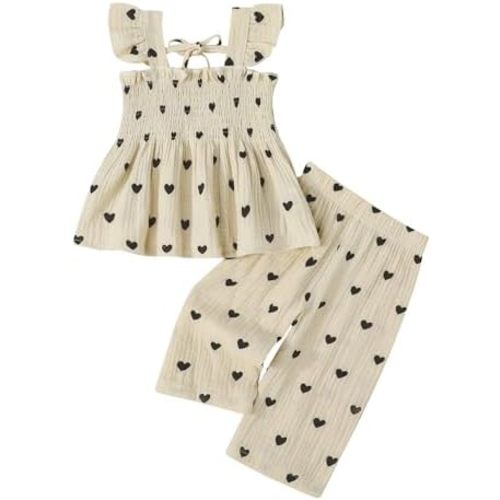 SUREPOCH Toddler Baby Girl Clothes Summer Outfits Heart Daisy Print Sleeveless Camisole Linen Pants Set for Little Girls