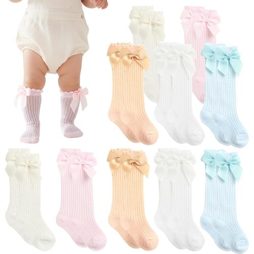 KUNAL 10 Pairs Newborn Knee High Socks Girl,Baby Knee Cotton Bow Ruffle Socks,Baby High Hose for Girls Boys Infant Toddler