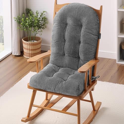 Rocking Chair Cushion - Corduroy Fabric, High-Density Sponge, Durable Comfort Non-Slip Bottom Tufted Seat Pads with Ties, Corduroy︱Grey, 44x19x4 inch
