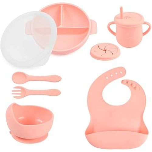 Silicone Baby Feeding Set - Perfect silicone plates for baby and Toddler Plates with lid, Baby Bowls with Suction, Baby Utensils - Baby Led Weaning Supplies and Eating Essentials - (Peach)