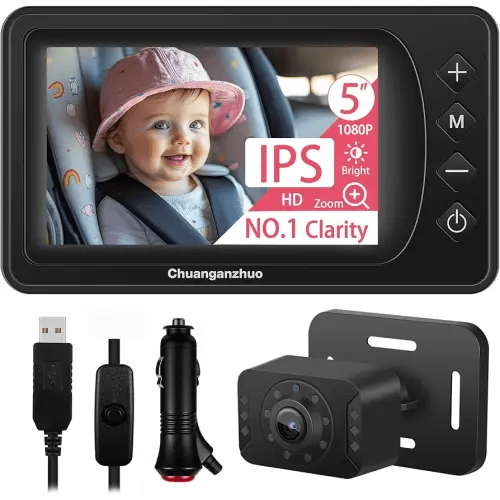 Baby Car Camera USB with No.1 Clarity, 5'' HD 1080P IPS Baby Car Monitor with 3X Zoom, Backseat/Carseat/Rear Seat Camera with Ultra Night Vision, Easy No-Damage Install, S100P(5inch Black)