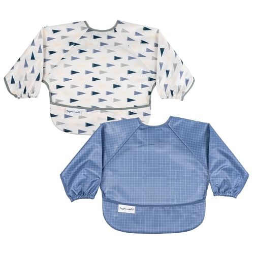 Tiny Twinkle Long Sleeve Bib for Babies&Toddlers|2-Pack Waterproof Smock Bib for Eating|Machine Washable&Mess-Proof Feeding Essentials|Newborn Shower Gift(Varsity Flags,Grid,6-24M)