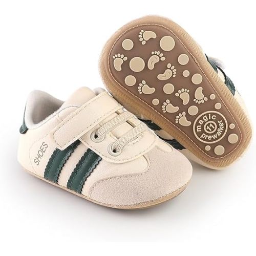 Newbron Baby Boys Girls Retro Sneakers Pu Leather Rubber Sole Walking Shoes Toddler Non-Slip First Walkers Infant Slippers Crib Shoes