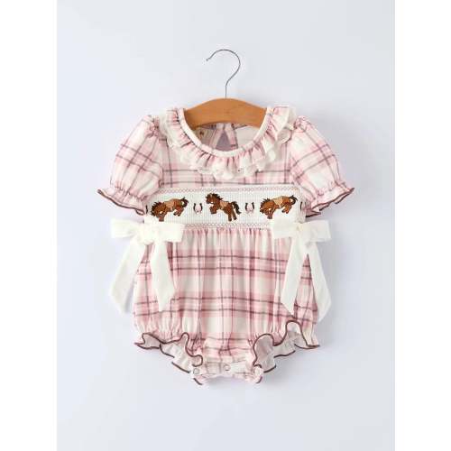 Horse Baby Pink Plaid Romper
