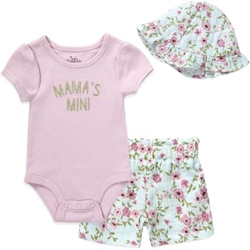 Baby Essentials Baby Girl Layette Set, 3 Piece Spring Summer Outfit with Bodysuit, Shorts & Bucket Hat