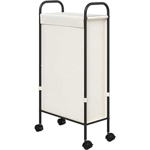 ELYKEN Slim Laundry Hamper with Lid, 50L Small Rolling Laundry Basket on Wheels, 7.9” Narrow Dirty Cloth Cart with Removable Inner Bag for Small Bathroom, Bedroom, Creamy