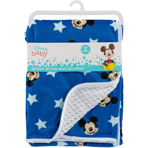 Disney Mickey Mouse Blue Double Sided Mink and Waffle Fleece with Satin Edge Baby Blanket