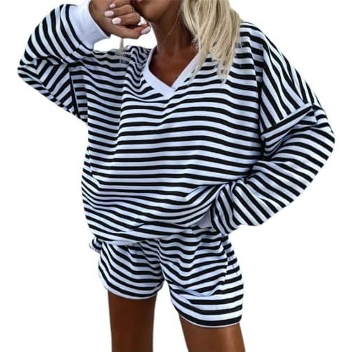 Melliflo Women 2 Piece Outfits Lounge Sets Striped Print Long Sleeve V Neck Sweatshirt and Shorts Set Fall Sweatsuit