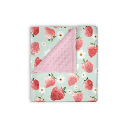 EyMzcod Mink Baby Girls Blanket Sweet Strawberry Floral, Watercolor Fruit Flower Soft Double Layer Dotted Backing Receiving Blankets, Pink Green Newborn Infant Toddler Nursery Crib Bedding 30" x 40"