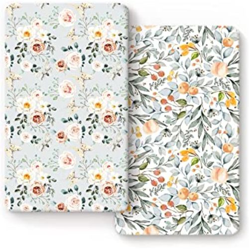 GRSSDER Stretchy Crib Sheets for Baby Girls, Ultra Soft Jersey Knit Fitted Crib Sheets 2 Pack, Universal Fits Most Toddler Crib Mattress Pads Safe and Snug, Stylish Flora Print