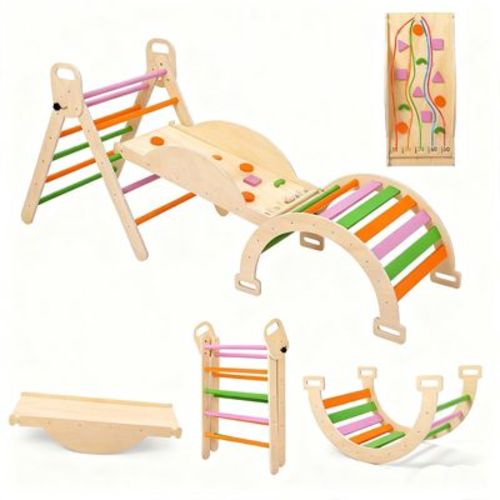 COZONY 9 in 1 Foldable Wooden Climbing Toy Set for Toddlers, Large Triangle with Arch, Seesaw & Pinball Game, Heavy Duty Indoor Jungle Gym for Kids