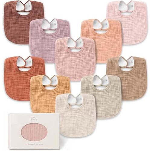 Konssy 10-Pack Muslin Baby Bibs, Soft Cotton Bandana Bibs for Drooling & Teething, Unisex Solid Colors for Boys & Girls, Newborn & Infant