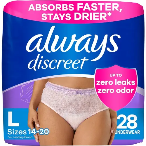 Always Discreet Adult Incontinence Underwear for Women and Postpartum Underwear, L, Up to 100% Bladder Leak Protection, 28 Count (Packaging May Vary)