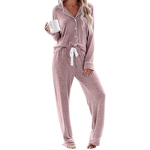 Aamikast Women's Pajama Sets Long Sleeve Button Down Sleepwear Nightwear Soft Pjs Lounge Sets