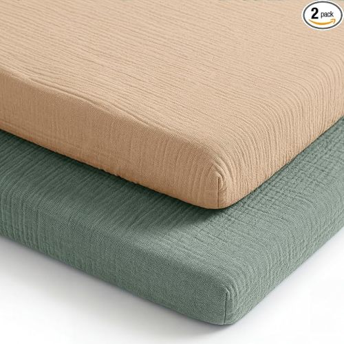 Comfy Cubs Muslin Cotton Bassinet Sheets 2 Pack, Fern and Cream – Soft, Breathable, 100% Muslin Bassinet Sheet, Gentle for Baby’s Sensitive Skin – Universal Fit, Beautiful Gift-Ready Packaging