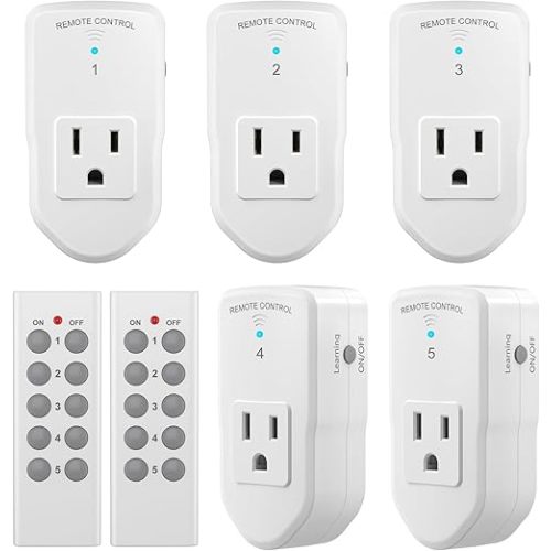 BN-LINK Wireless Remote Control Outlet Electrical Switch for Lights, Fans, Christmas Lights, Small Appliance, 100ft Long Range White (Learning Code, 5Rx-2Tx) 1200W/10A, ETL & FCC Certified