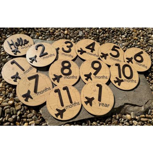 Baby Monthly Milestone Rounds, World travel photo prop marker, Globe and Airplane Shower Gift, Made in USA