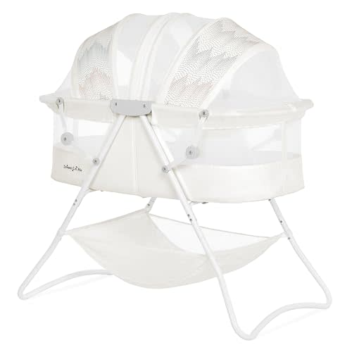 Dream On Me Karley Bassinet in Dove White, Lightweight Portable Baby Bassinet, Quick Fold and Easy to Carry, Adjustable Double Canopy, Indoor and Outdoor Bassinet with Large Storage Basket.
