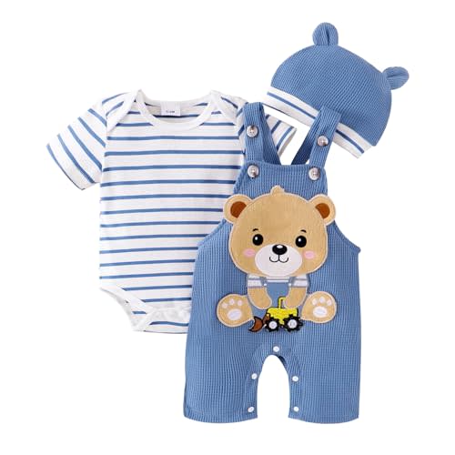 FOCUTEBB Baby Boy Clothes Short Sleeved Cute Cartoon Romper + Shorts + Hat Overalls Suspender for Boys 3 Pcs 0-18 Months