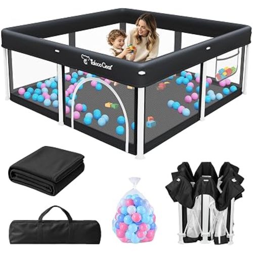 TOREVSIOR Foldable Baby Playpen with Mat, 50"×50" Collapsible Play Pen for Babies and Toddlers, Indoor & Outdoor Kids Safety Play Pen, Portable Play Yard, Foldable Baby Playpen with 50 Ocean Balls