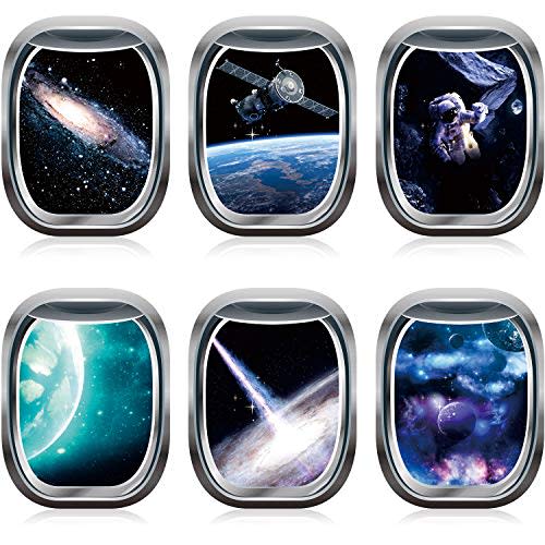 Outus 6 Pieces 3D Space Capsule Window Wall Decals Outer Space Stickers Spacecraft Astronaut Mural Poster for Kids Nursery Bedroom Home Decoration, 11 x 15 Inches